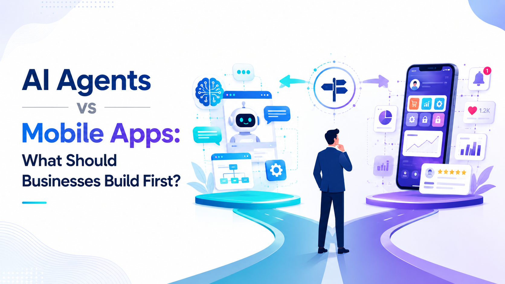 Business comparison between AI agents and mobile apps for digital transformation.