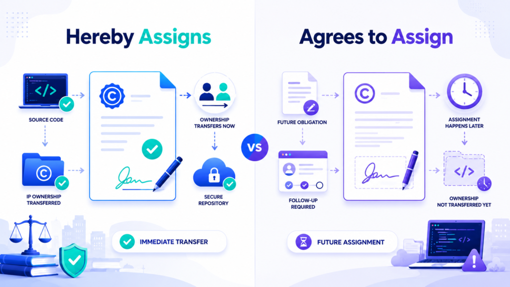Compare immediate and future intellectual property assignment clauses in software development contracts.