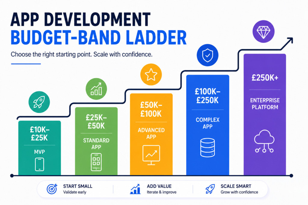 Ladder graphic showing three UK app development budget bands: under £40k, £40k to £150k, and £150k or more.